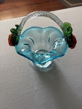 Hand Blown Art Glass Basket Applied Flowers Murano Style Twisted Handle No Chips
